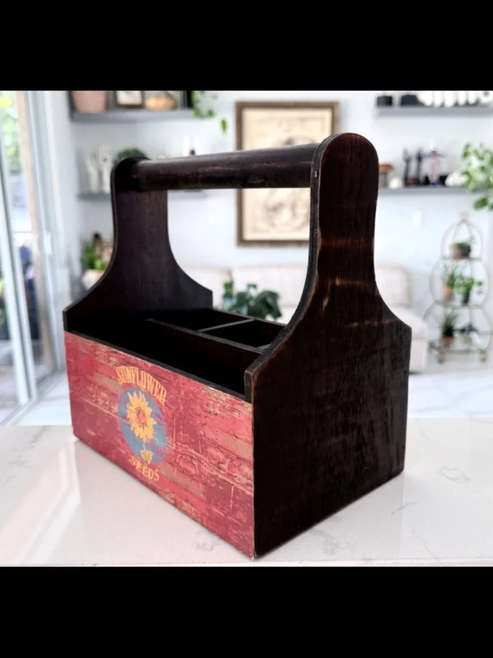 Farmhouse Wood Caddy Organizer Vintage Tomatoes Sunflower Seeds Two-Sided Box